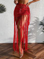 Crochet Tassel Bikini Cover Up Dress Beach Wear Women Tie Up Bather Bathing Suit Tassel Long Skirt Swimsuit Cover Up Beach Dress. 