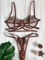 High-End Floral Embroidered Underwire Bra Set, Women's Mesh Unlined Bra + Panties. 