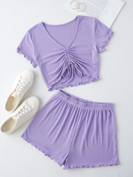 Ladies Lettuce Top and T-Shirt Pant Set, Comfortable Casual Wear