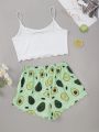 Avocado Print Camisole with Shorts Set Sleepwear Women Summer Pajamas Casual Lingerie Nightie Homewear Underwear.