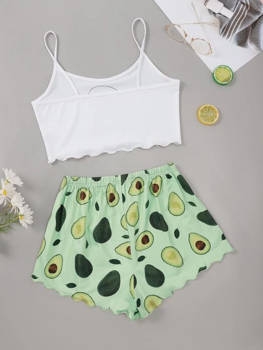 Avocado%20Print%20Camisole%20with%20Shorts%20Set%20Sleepwear%20Women%20Summer%20Pajamas%20Casual%20%20Lingerie%20Nightie%20Homewear%20Underwear%20-%20Image%202