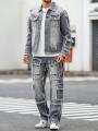 Men's Street Style Casual Distressed Raw-Hem Grey Denim Set, a Minimalist and Fashionable Two-Piece Ensemble.. 