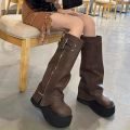 2026Arrival Fashionable Wide-Leg Knight Long Boots with Inner Elevator & Thick Sole, Side Zipper, Belt Buckle and Slouchy Design.