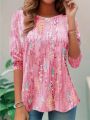 Women's Plus Size 1XL-5XL Fashion Quarter Sleeved Round Neck T-shirt Ladies Casual Top Spring Summer  Fashionable T-shirt. 
