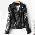 Fitaylor Autumn Winter Women Graffiti Print Faux Leather Jacket Lady Moto Bike PU Leather Coat Casual Rivet Jacket with Belt.