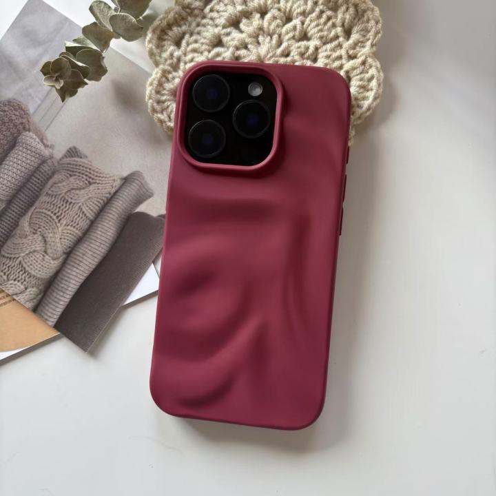Matte Soft Wine Red Solid Color Uneven Irregularity Fold Wavy Texture Protective Phone Case for iPhone 11 12 13 14 15 16 Pro Max