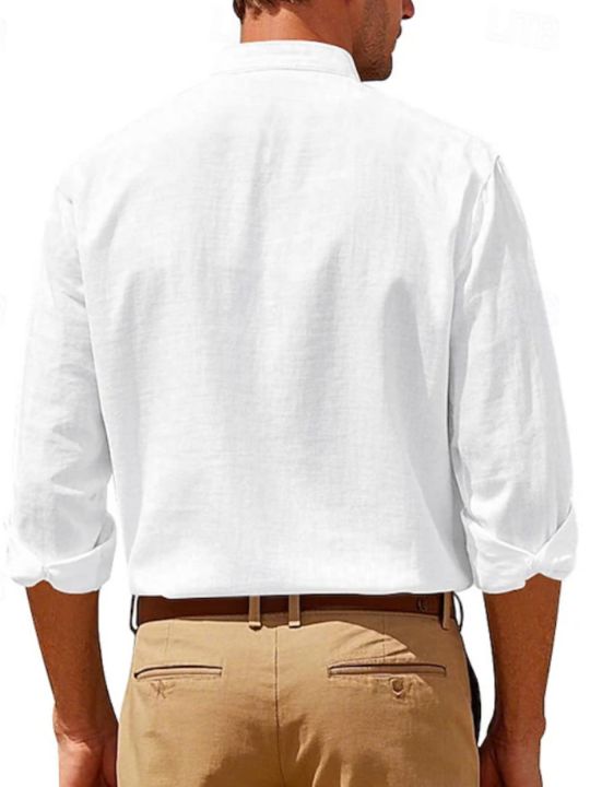 Minimalist%20Men's%20White%20Linen%20Button-Down%20Shirt,%20Stand%20Collar,%20Modern%20Office%20&%20Weekend%20Essential%20-%20Image%202