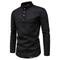 Men's solid color casual slim fitting standing collar long sleeved business shirt shirt. 