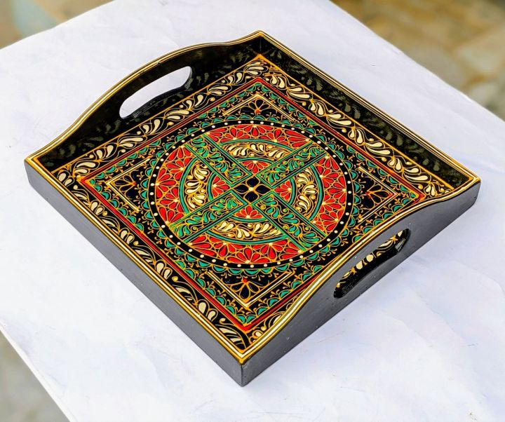 Swati art hand painted wooden serving tray.