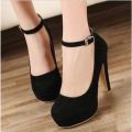 Large Size 42 Super High Heels Shoes for Women Ankle Buckle Chunky Platform Pumps Woman Black Flock Square Heel Party Shoes.