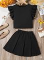 2pcs Girls Casual Ruffled Top And Skirt Set Dress. 