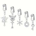 5Pcs Rhinestone Heart Butterfly Dangle Non Piercing Stainless Steel Navel Clips,Fake Belly Button Rings,  Navel Jewelry For Men. 