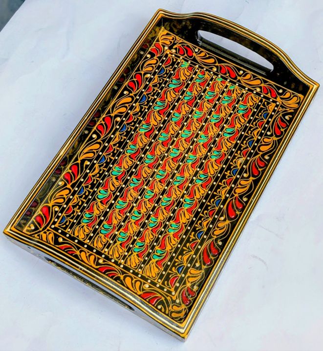 swati traditional art hand painted wooden serving tray.