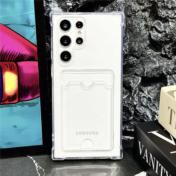 Thick Shockproof Card Bag Wallet Clear Phone Case For  S24 Ultra S21 S22 S23 Fe S 24 Plus 5G Soft Corners Cover Cases
