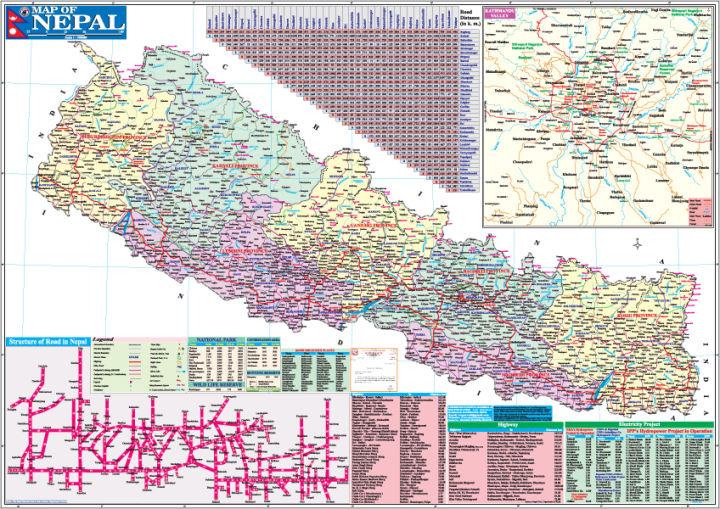 Map of Nepal + Outline, World Map (Political and Physical), Map of Nepal Political+Physical (Political English Medium) 28×40 inch with Dandi