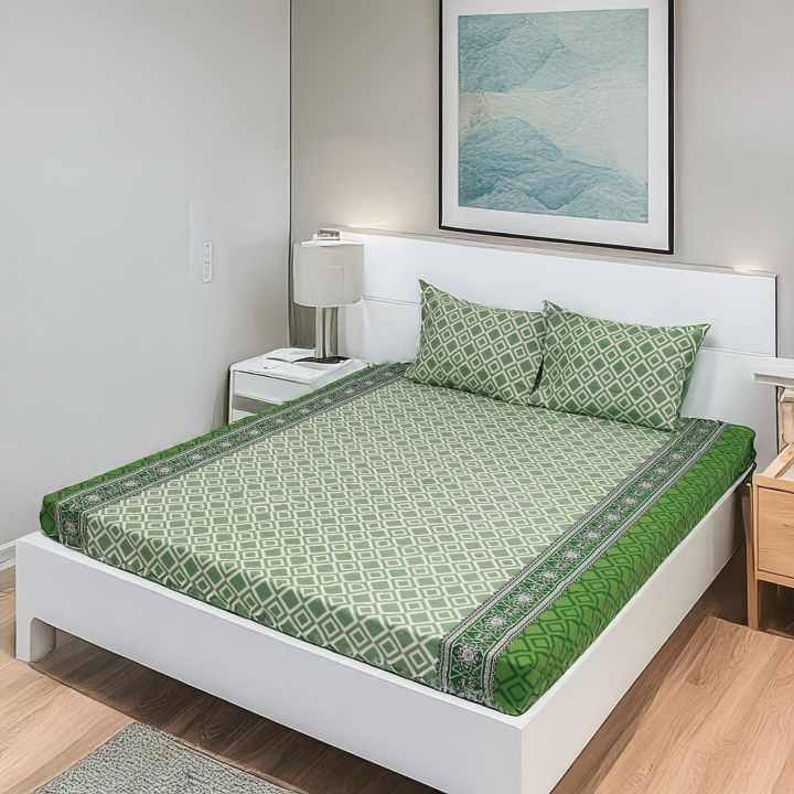 King Size Premium Bed Sheet 88" x 98" with 2 Pillow Covers | Green and White Square Print