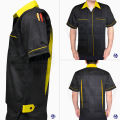 Mechanic's shirt, short-sleeved shop, black background, color, standard fabric, durable texture. 