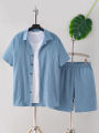 New adult summer open chest button short sleeved+loose shorts casual outfit. 