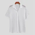 2023 Fashion Men Shirt Mesh Lace Transparent Streetwear Lapel Short Sleeve Button Camisas Party Sexy Men Clothing S-5XL INCERUN. 