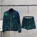 Premium Sequined Coat Women's Suit Jacket Zipper Top Baseball Uniform Casual Versatile and Thin Two-piece Women's Fashion.