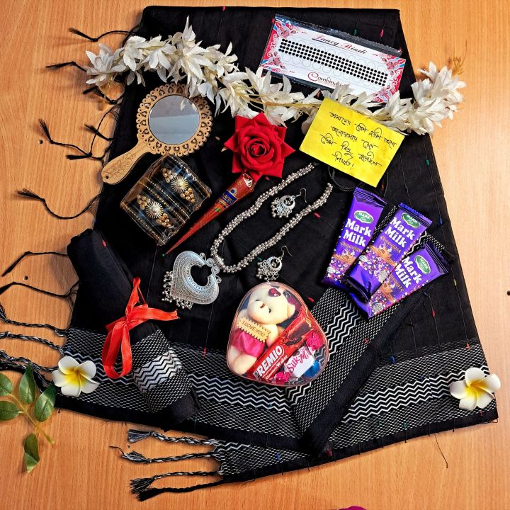 Sari Combo Gift Set - Saree Necklace Earrings Bangles Mehendi Mirror Kitkat Tip Love Chocolate Box with Doll Rose Gazra Chirkut and More