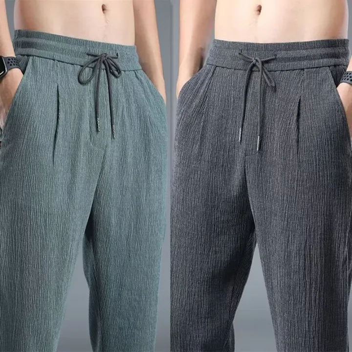 Summer Nine-minute Pants Ultra-thin Section Ice Silk Cool Trend Loose Cotton Linen Casual Pants Straight Linen Pants Men Summer