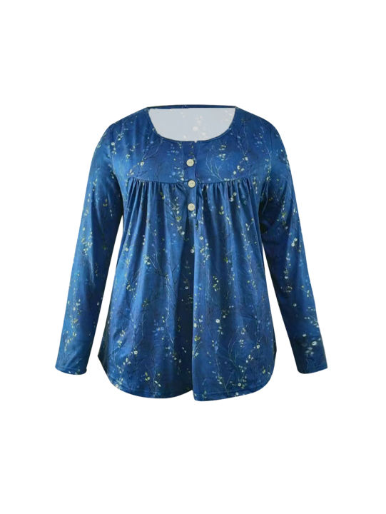 Plus%20Size%20Women's%20Spring%20and%20Autumn%20Long%20Sleeve%20Random%20Plant%20Print%20Button%20T-Shirt%20-%20Image%205
