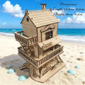 3D wooden house jigsaw puzzle model, DIY construction kit, creative treehouse building set, wooden interlocking blocks. 