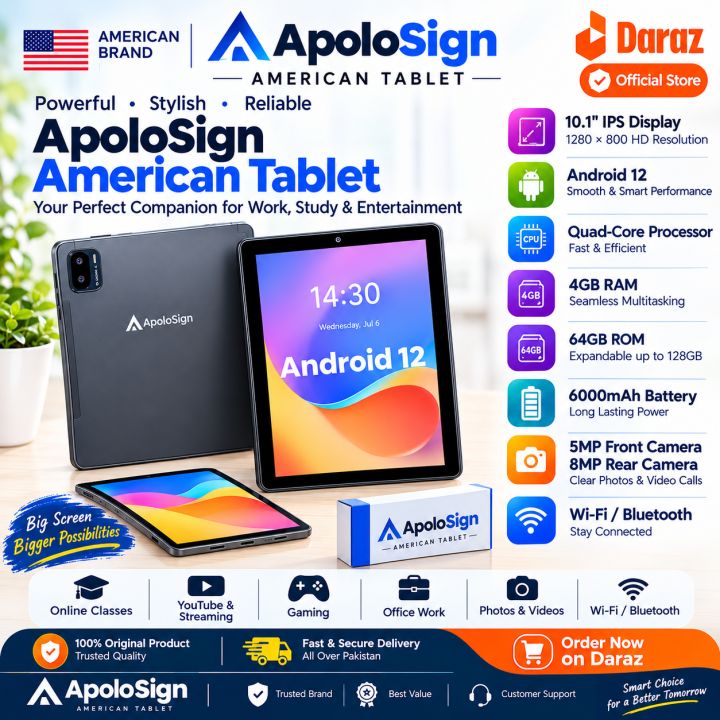 ApoloSign American Tablet A16 10.1" HD Android 12 Tablet - 4GB RAM 64GB ROM - 6000mAh Battery - Google Kids Space - 5MP+8MP Dual Camera