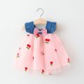 Summer Girl Dress Denim Fly Sleeved Bow Cute Cherry Colored Mesh Princess Dress Suitable for Babies Aged 0-3. 
