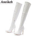Aneikeh White Over-the-Knee Side Zipper Slip-On Pointed Toe Shoes NEW Fashion Striped Thin Heels Ladies Boots 2025 Spring.
