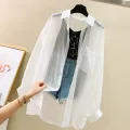 Turn-Down Neck Long Sleeve See-through Thin Shirt And Blouses Loose Women Clothing Casual Solid OL Top 2024 Lady Trend Simple. 