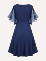 Fashion Women's Plus Size Explosions Star Print Button Pocket Pleats butterfly Sleeve Elegant Temperament Dress. 