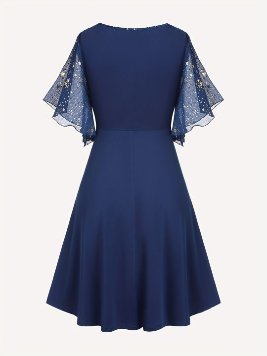 Fashion%20Women's%20Plus%20Size%20Explosions%20Star%20Print%20Button%20Pocket%20Pleats%20butterfly%20Sleeve%20Elegant%20Temperament%20Dress%20-%20Image%202