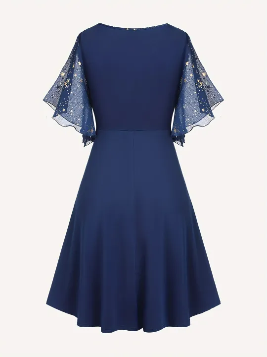 Fashion%20Women's%20Plus%20Size%20Explosions%20Star%20Print%20Button%20Pocket%20Pleats%20butterfly%20Sleeve%20Elegant%20Temperament%20Dress%20-%20Image%202