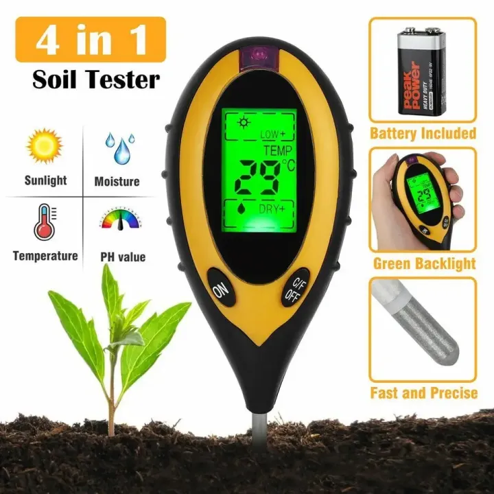 PH Soil Tester for Garden Soil 4 in 1 Multi-Function with LCD Display Moisture Meter Soil Test Kit for Lawn Outdoor Indoor Potted Plant
