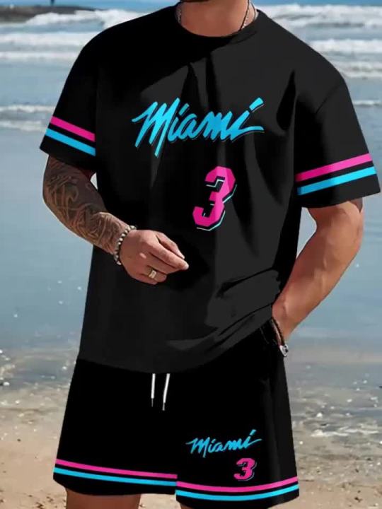 2025 New Men MIAMI NO.3 Print Casual Short Sleeve T-Shirt Shorts Set Adult Basketball Jersey Jogging Suit 2 Piece Set Clothes