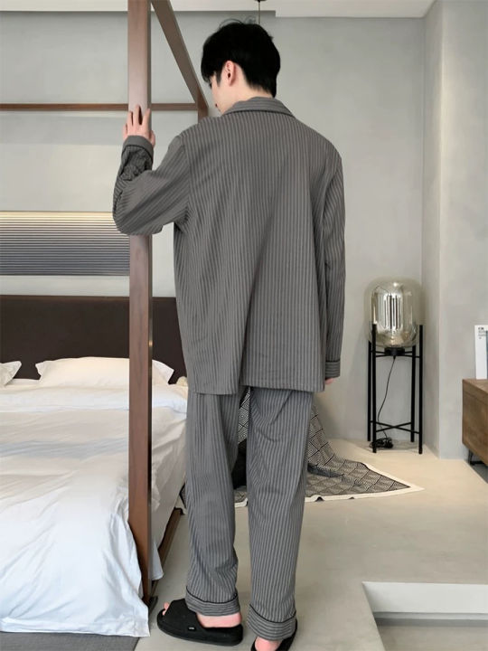 Pajamas%20Spring%20and%20Autumn%20Men's%20Long-Sleeved%20Trousers%20Cardigan%20Loose%20Lapel%20Large%20Size%20Home%20Clothes%20Spring%20Suit%20-%20Image%202