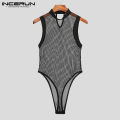 INCERUN 2023 Men Bodysuit Mesh Patchwork See Through  Sleeveless Thin Rompers Underwear Skinny Fashion Male Bodysuits S-5XL. 