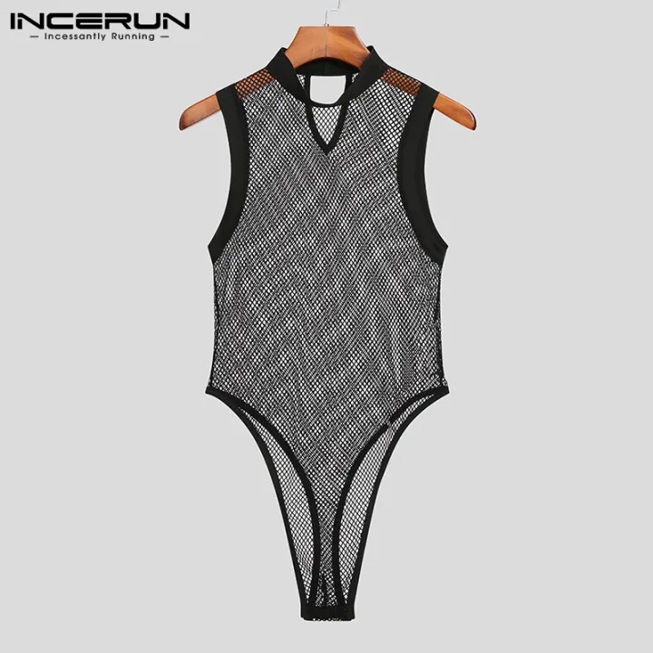 INCERUN%202023%20Men%20Bodysuit%20Mesh%20Patchwork%20See%20Through%20%20Sleeveless%20Thin%20Rompers%20Underwear%20Skinny%20Fashion%20Male%20Bodysuits%20S-5XL%20-%20Image%204