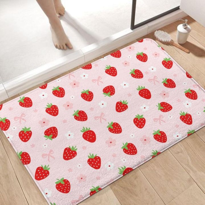 Strawberry Pattern Pink Door Mat Cute Floral Bowknot Entrance Rug Girly Home Decor Soft Non-Slip Welcome Carpet for Living Room