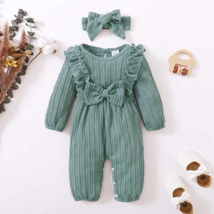 Newborn%20Bodysuit%20Round%20Neck%20Twisted%20Stripes%20Bowbaby+Headband%20Fashion%202Pcs/Set%20%200-18%20Months%20Baby%20Girl%20Spring%20And%20autumn%20Jumpsuit%20-%20Image%202