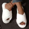 Cross Warm Fluffy Furry Slippers Women Lightweight Flat Heels Fur Slides Woman Autumn Winter Open Toe Non Slip Home Floor Shoes. 