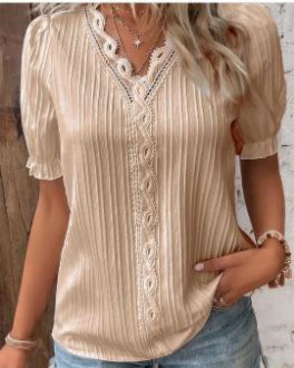 Plus%20Size%20Women's%20Shirt%20Blouse%20Yellow-green%20Violets%20White%20Plain%20Lace%20Short%20Sleeve%20Casual%20Basic%20V%20Neck%20Regular%20Pullover%20White%20Blo%20-%20Image%206