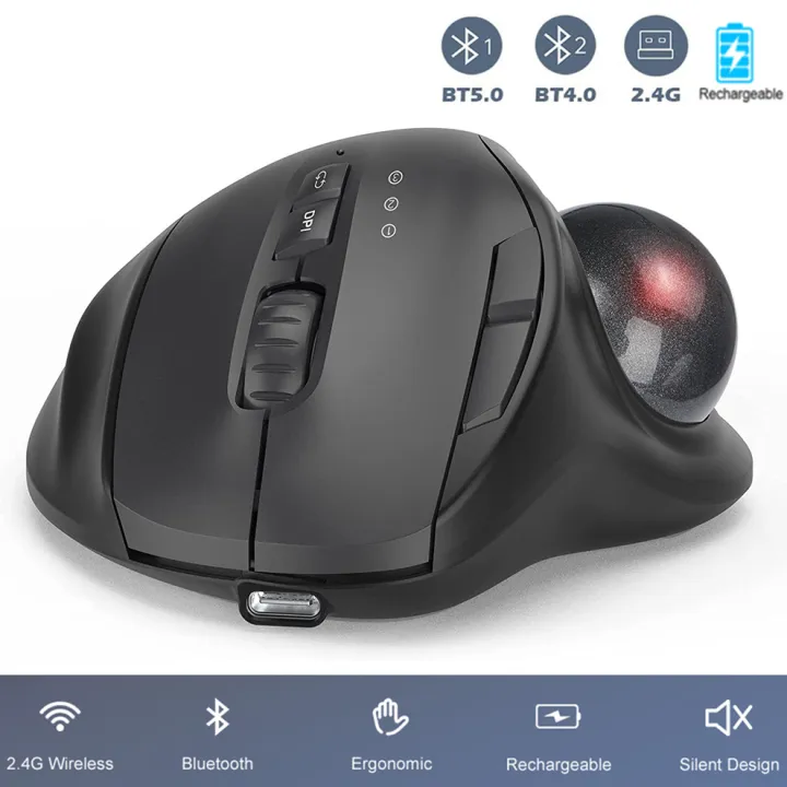 Jomaa Black 2.4G + Bluetooth Wireless Trackball Mouse Rechargeable Rollerball Mice Ergonomic Mice Thumb Control Mouse Gaming
