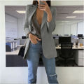 Women Buttonless Lapel Blazer, British Elegant Pocket Suit Jacket, Loose Professional Office Business Casual Commuter Outerwear. 