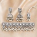 Silver Plated Pearl Jhumka Jewelry Set for Women – Bridal Traditional Choker Set with Earrings & Tikka | Wedding Party Wear. 