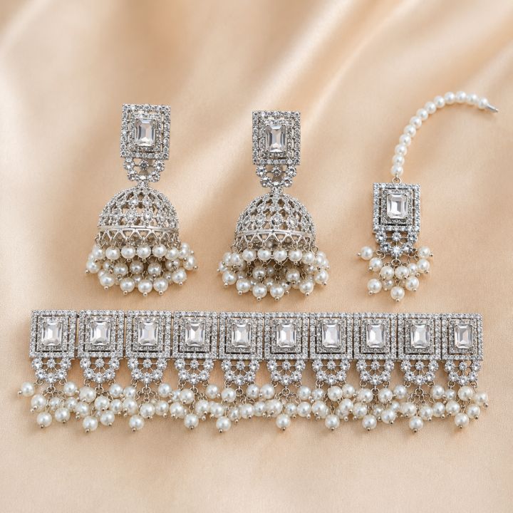 Silver%20Plated%20Pearl%20Jhumka%20Jewelry%20Set%20for%20Women%20%E2%80%93%20Bridal%20Traditional%20Choker%20Set%20with%20Earrings%20&%20Tikka%20%7C%20Wedding%20Party%20Wear%20-%20Image%202