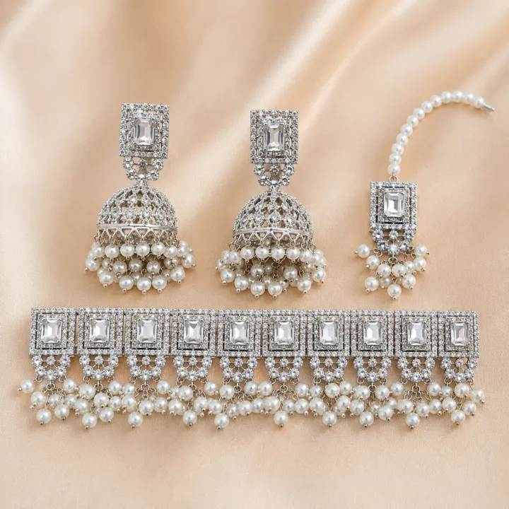 Silver%20Plated%20Pearl%20Jhumka%20Jewelry%20Set%20for%20Women%20%E2%80%93%20Bridal%20Traditional%20Choker%20Set%20with%20Earrings%20&%20Tikka%20%7C%20Wedding%20Party%20Wear%20-%20Image%202