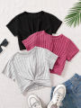 Spring/Summer Girl Big Boy Girl Casual Cute Solid Color Round Neck Short Sleeve Three Piece Set.